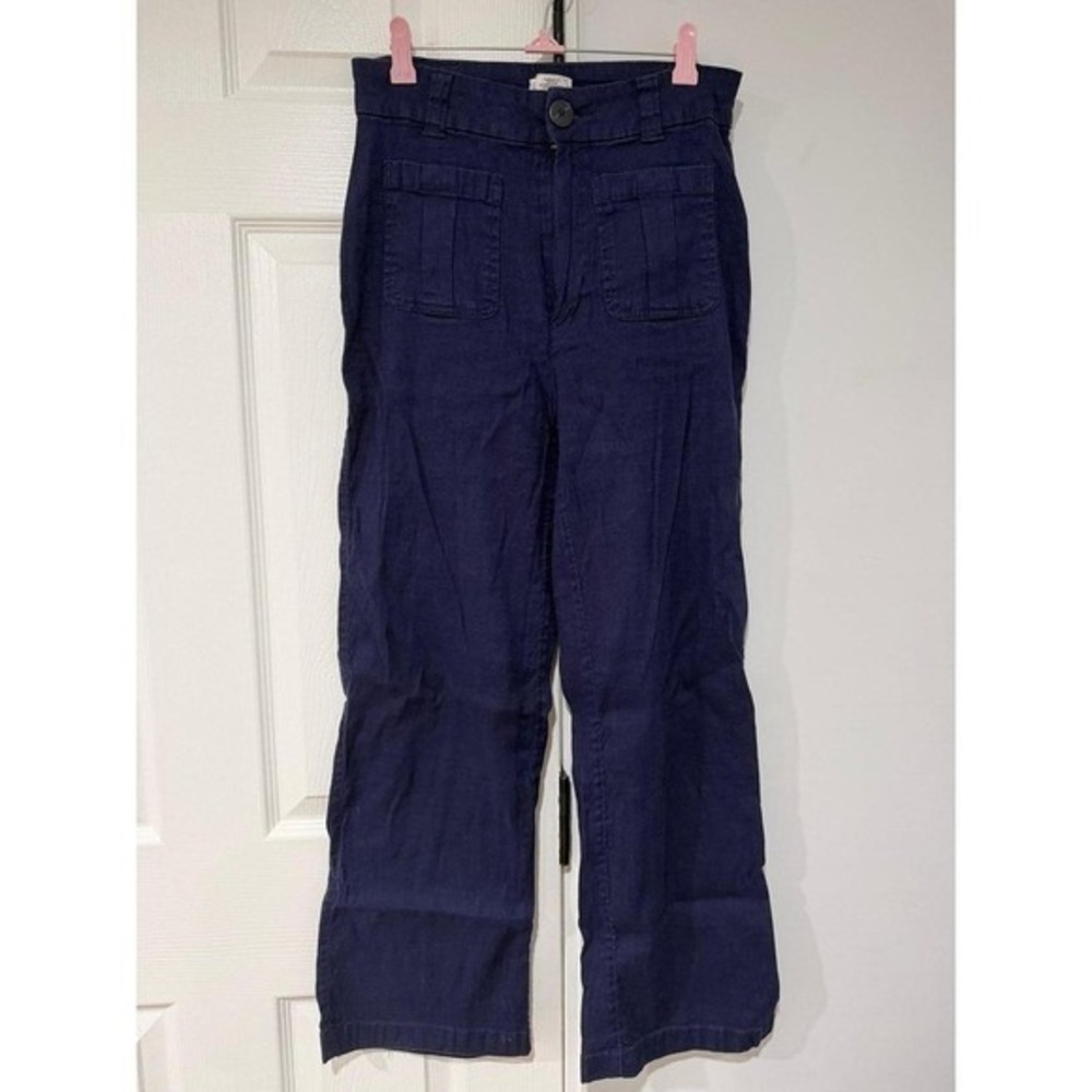 Nicole Miller Linen Blend Wide Leg Pants Womens 6 Navy Utility High Rise Casual